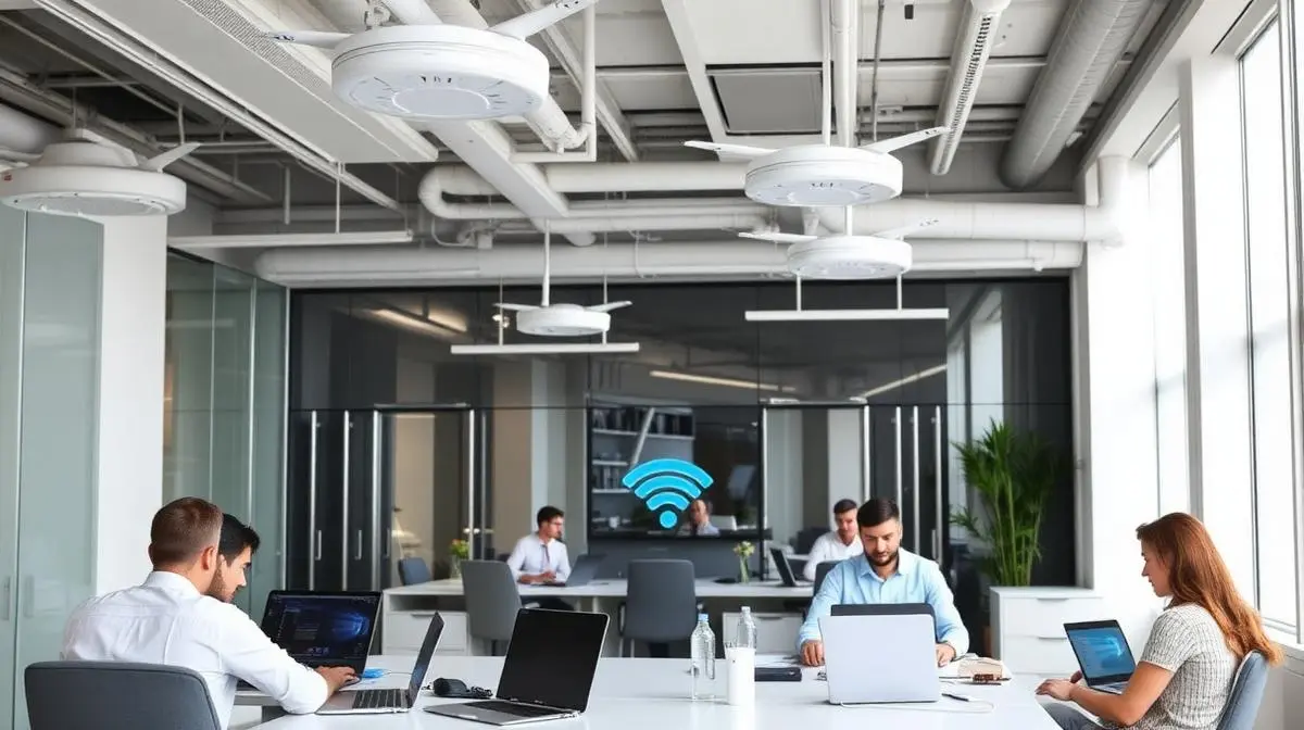 Access points Wi-Fi montados en el techo de una oficina corporativa